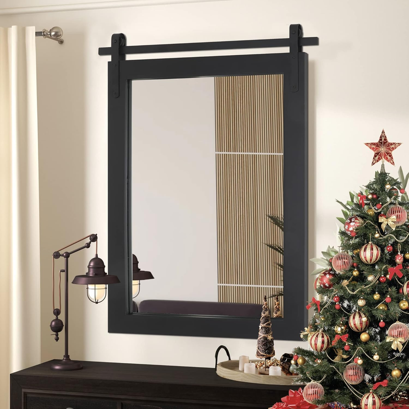 Black Farmhouse Mirror for Wall, 24X36Inch Wood Framed Square Bathroom Mirrors for Vanity, Barn Door Style Mirrors Wall Mounted Dresser Decor Mirror Living Room Bedroom Vertical