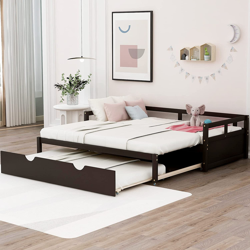 , Espresso Wooden Triple Daybed with 2 Pop up Trundle Twin to King, Extendable S