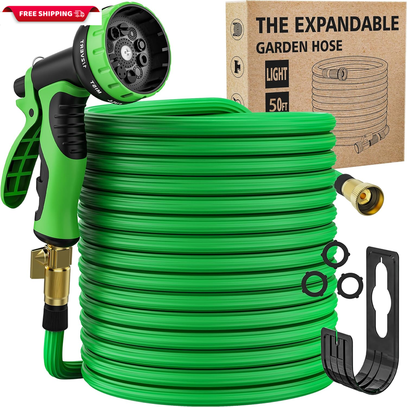 50Ft Expandable Garden Hose with 10 Function Spray Nozzle, Nano Rubber Latex Hig