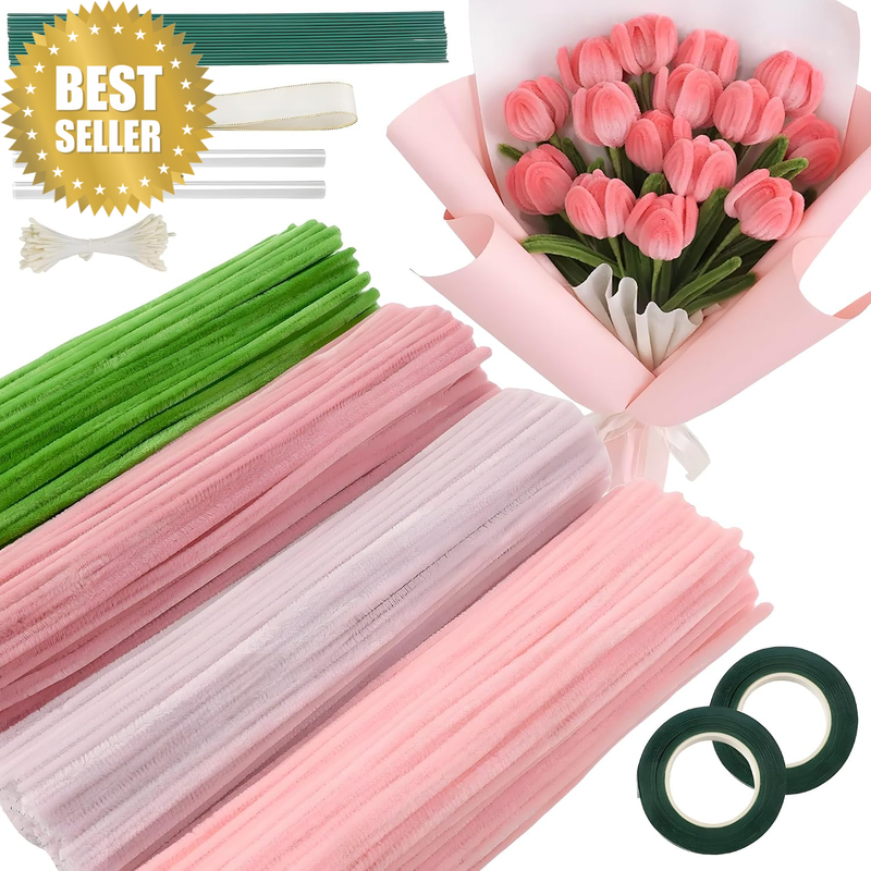 400 Pcs Pipe Cleaners Flowers DIY Craft Kit - Premium Fade-Resistant Chenille St