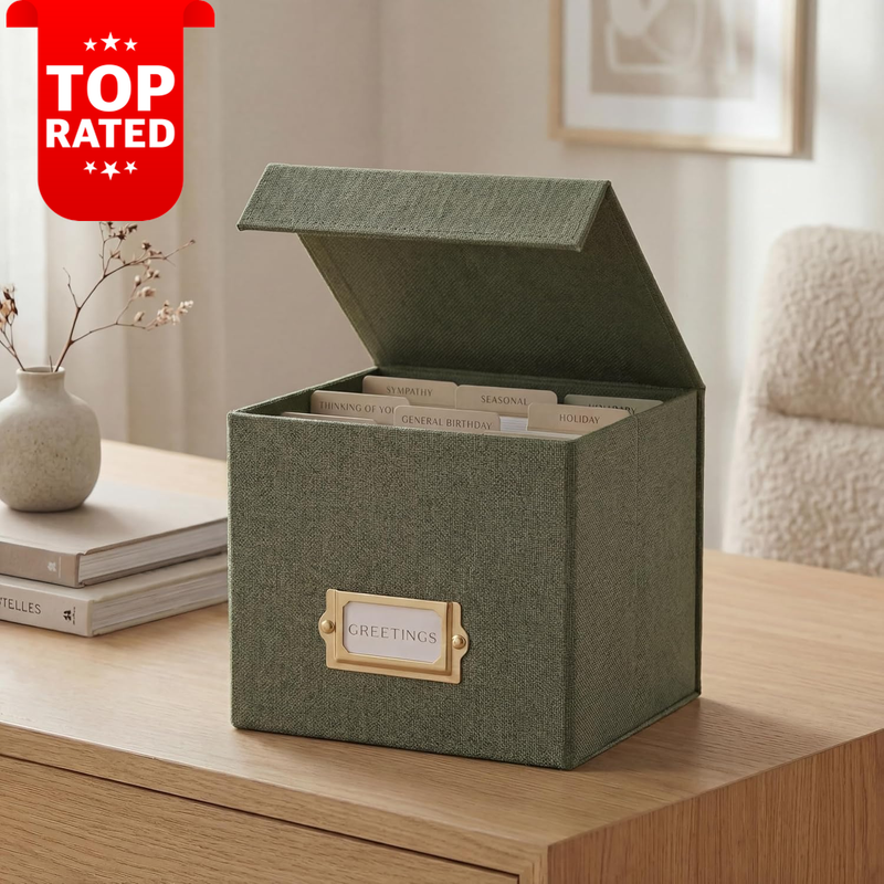 Linen Greeting Card Organizer Box Holds 300 Cards Stylish Storage Divider