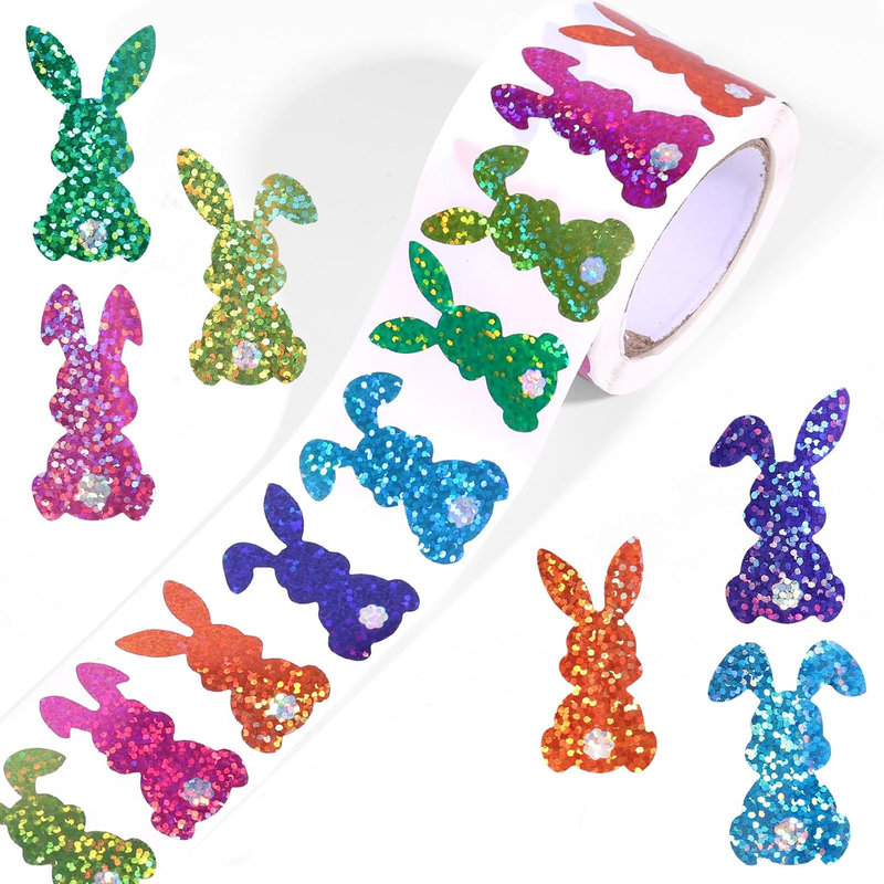 500Pcs Glitter Easter Bunny Stickers, 1.1X1.5In Holographic Rabbit Sticker Roll