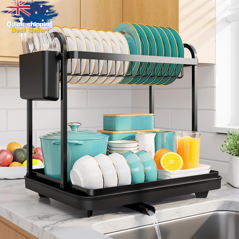 2-Tier Dish Drying Rack with Drainboard Set, Kitchen Sink Organizer, Black