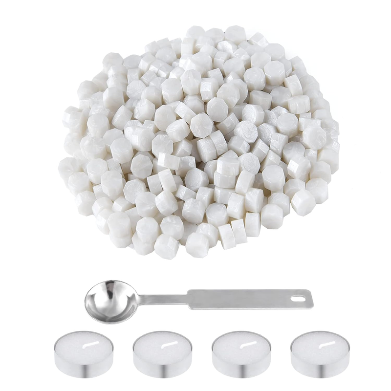 600 Pcs Octagon Sealing Wax Beads White Wax Seal Beads with 1 Melting Spoon and