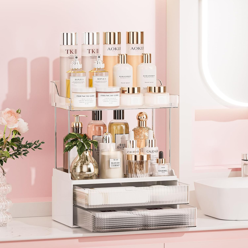 Bathroom Counter Organizer, 2 Tier 2 Drawer Makeup Countertop, Versatile Perfume