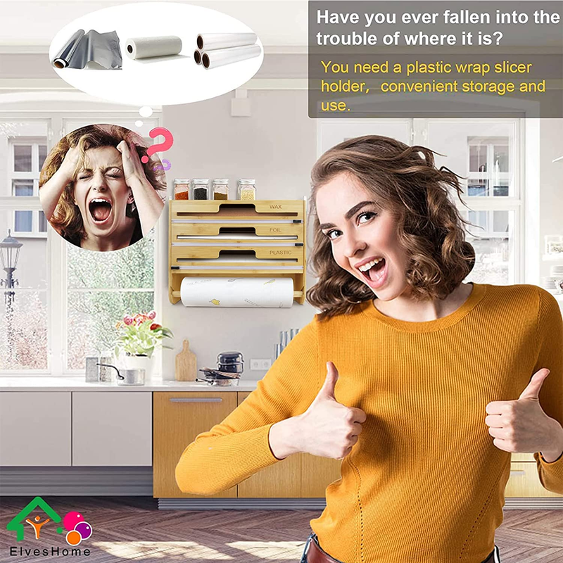 Foil and Plastic Wrap Organizer, Paper Towel Holder Wall Mount, 5 in 1 Plastic W
