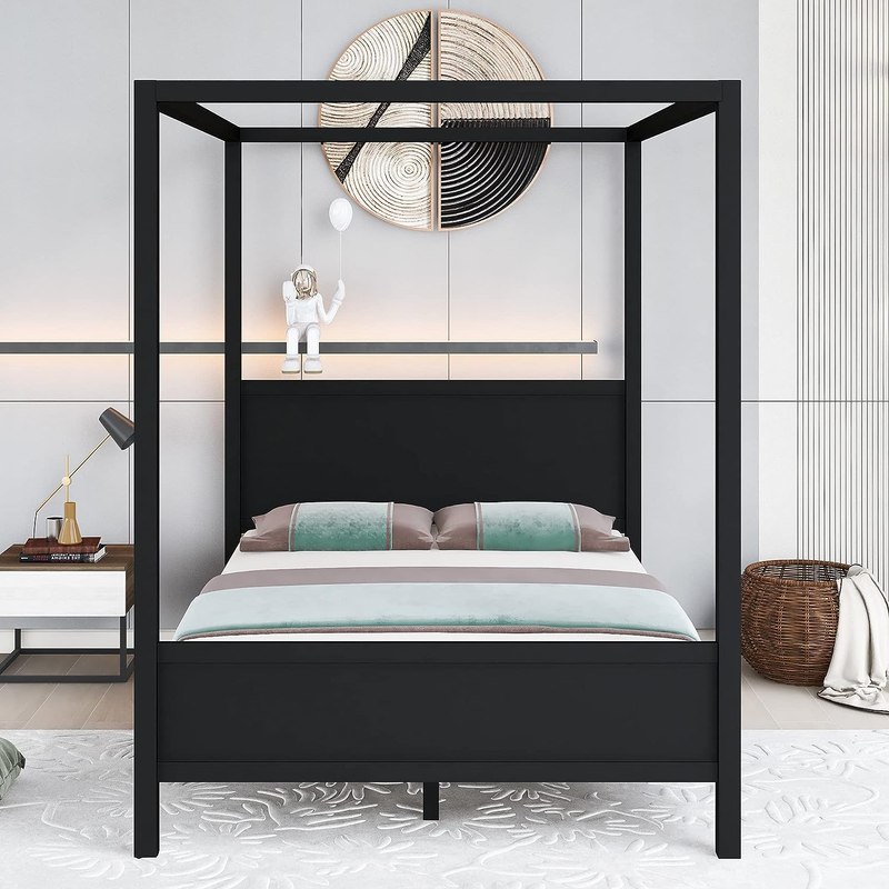 Queen Canopy Bed Frame, with Headboard and Footboard, Wooden Slat Support Leg, f