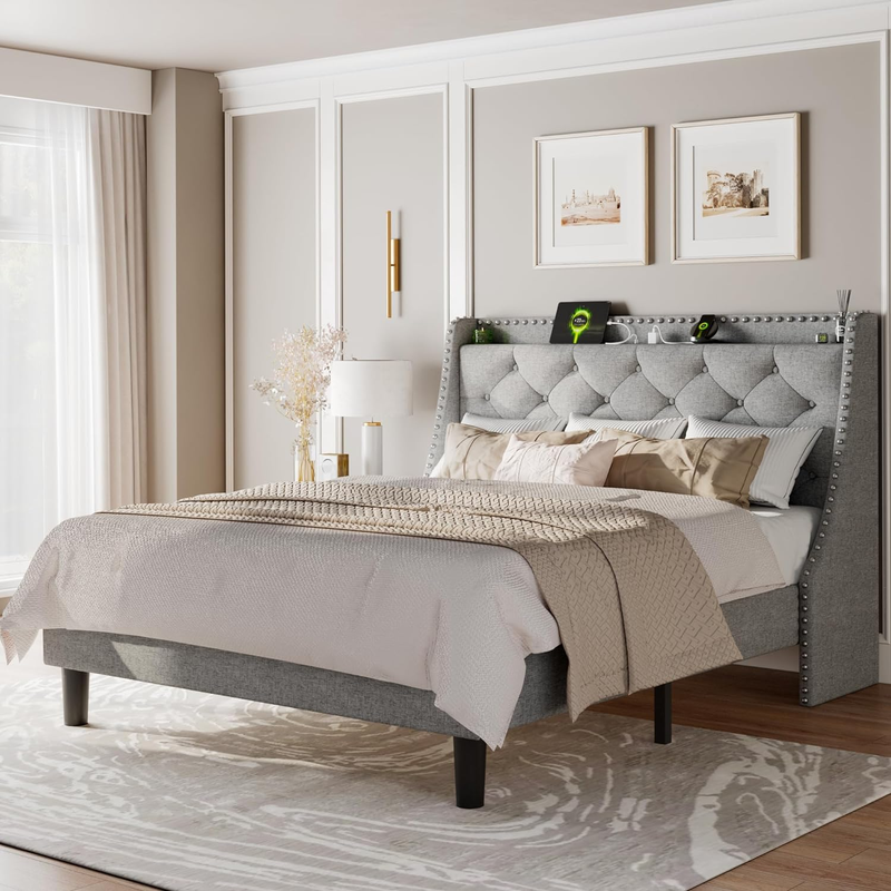 With Luxury Wingback Upholstered Button Tufted Storage Headboard,
