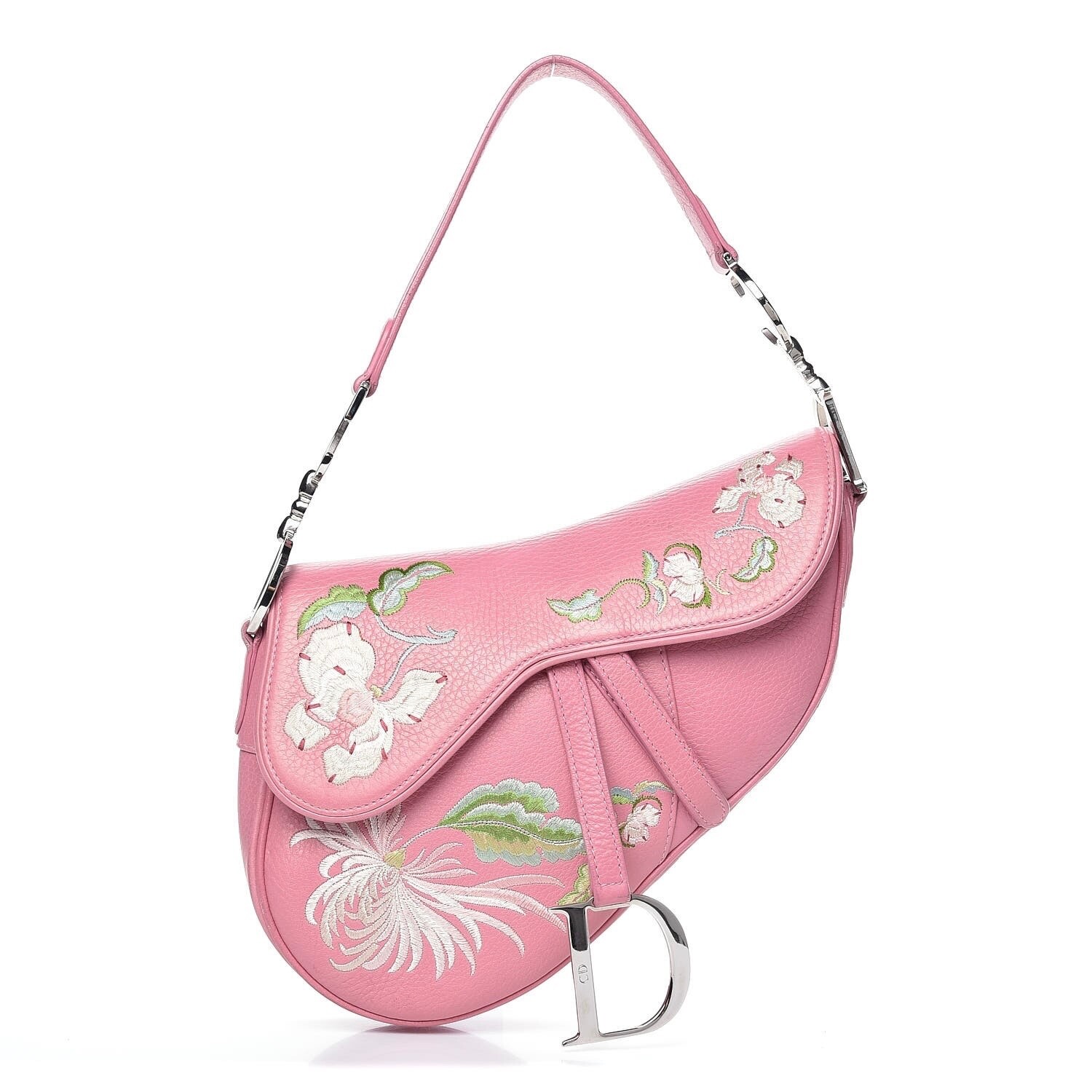 Dior★Embroidered Saddle Bag サドルバッグ CHRISTIAN DIOR PINK CALFSKIN EMBROIDERED FLORAL ROMANTIC