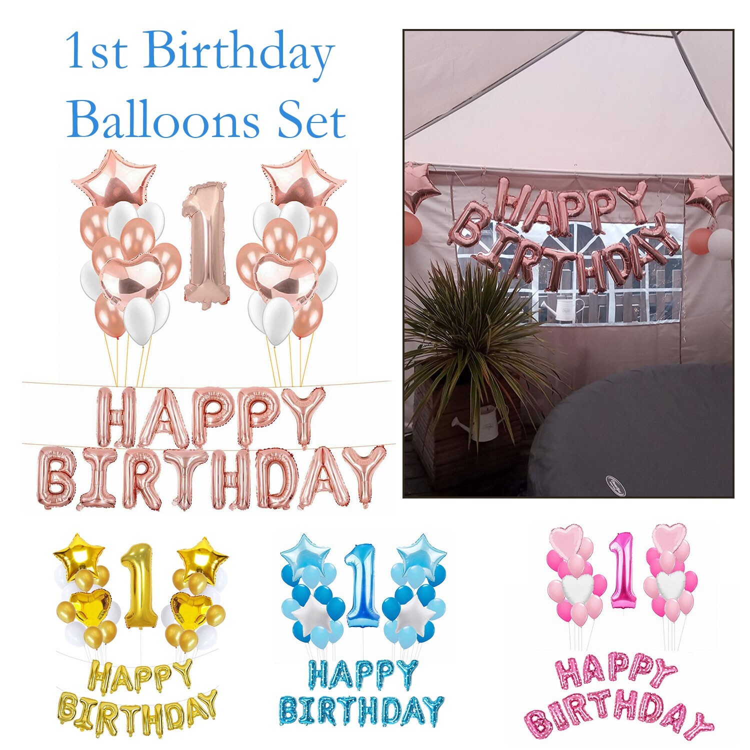 1st Birthday Boy Girl Foil Balloons Blue Pink Star Heart Numbers 1 Party Decor