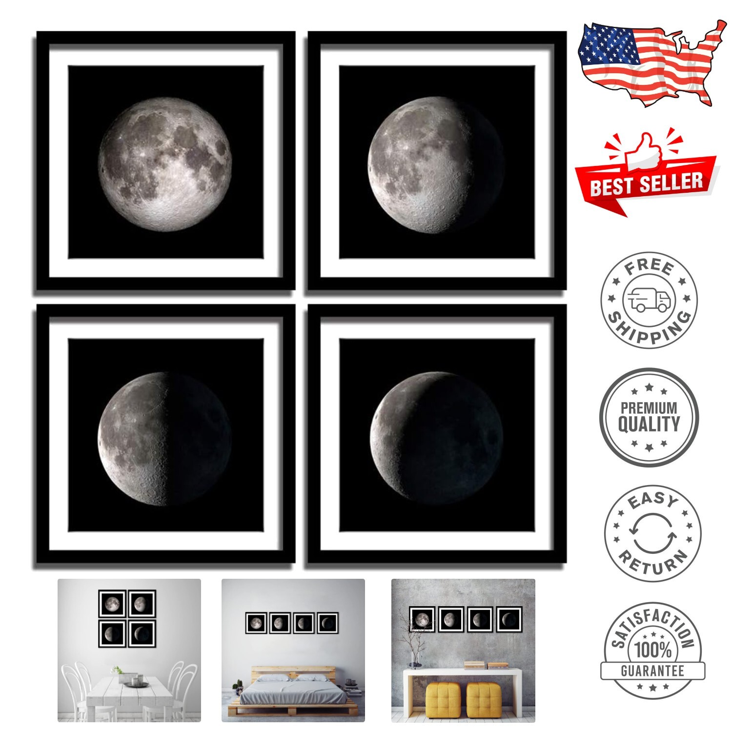 High-Definition Monochrome Moon Phase Wall Art Set - 4