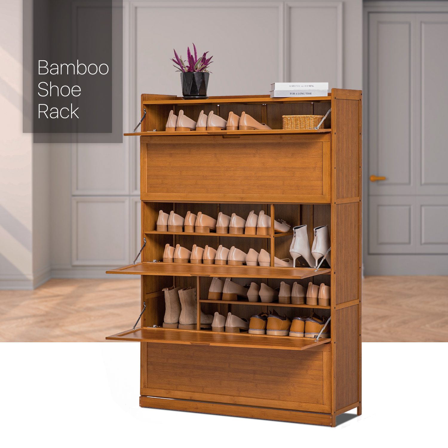 Brown Bamboo[SLIPPER SHELF+BOOT COMPARTMENT]Drop Down Door Shoes Storage Cabinet