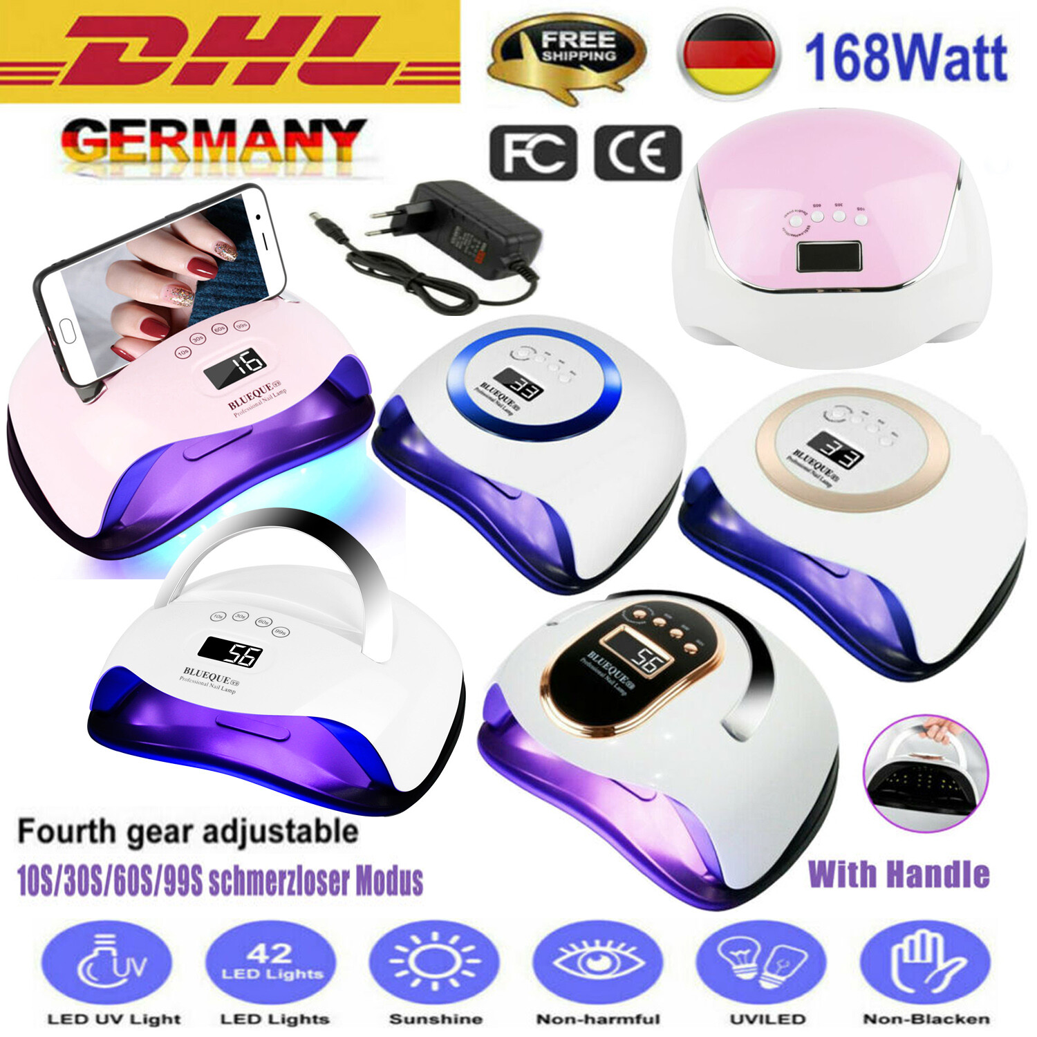 LED UV GEL Lichthärtungsgerät 4 Röhren Timer Lampe 168W Nagel Trockner Gold/Blau