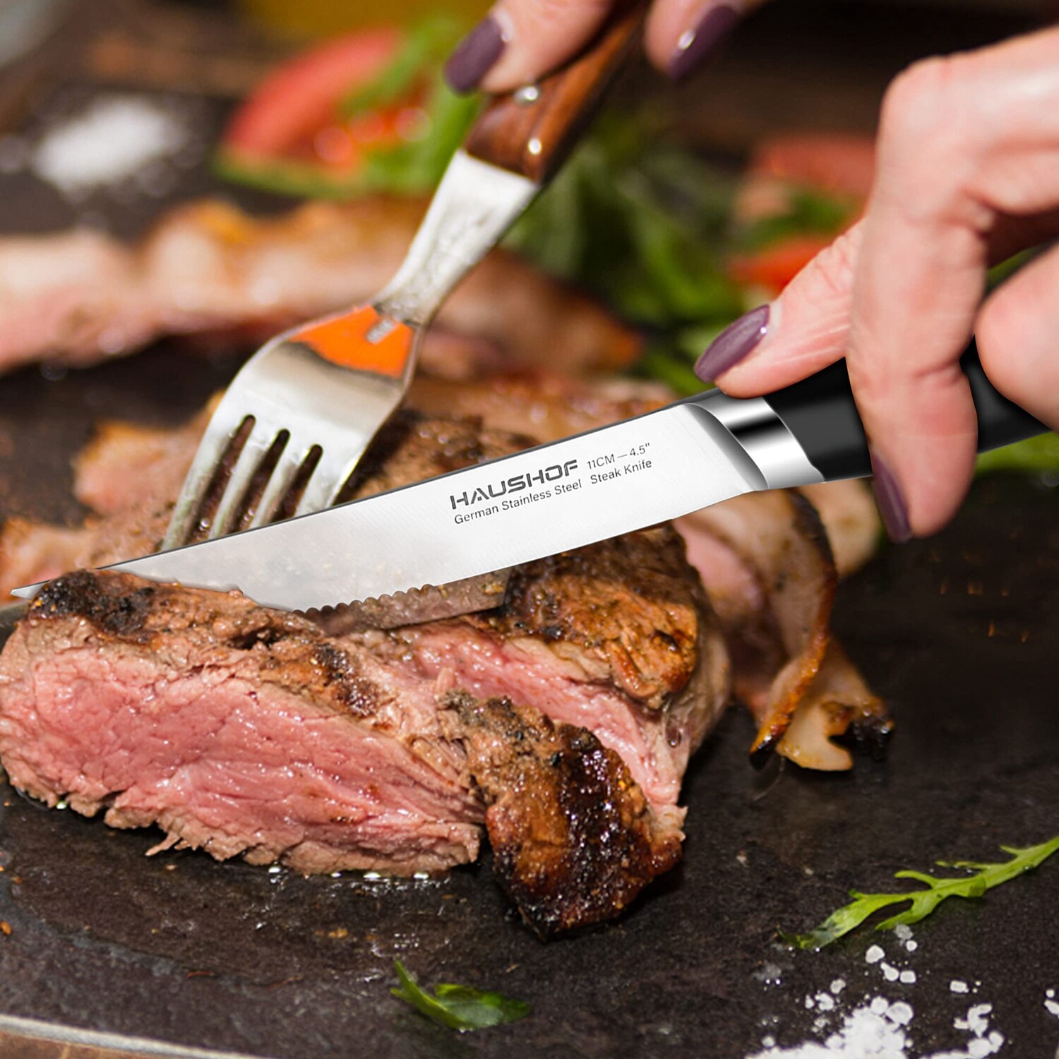 HAUSHOF 6PK Steak Knives Set German Stainless Steel Premium Serrated w/Gift Box