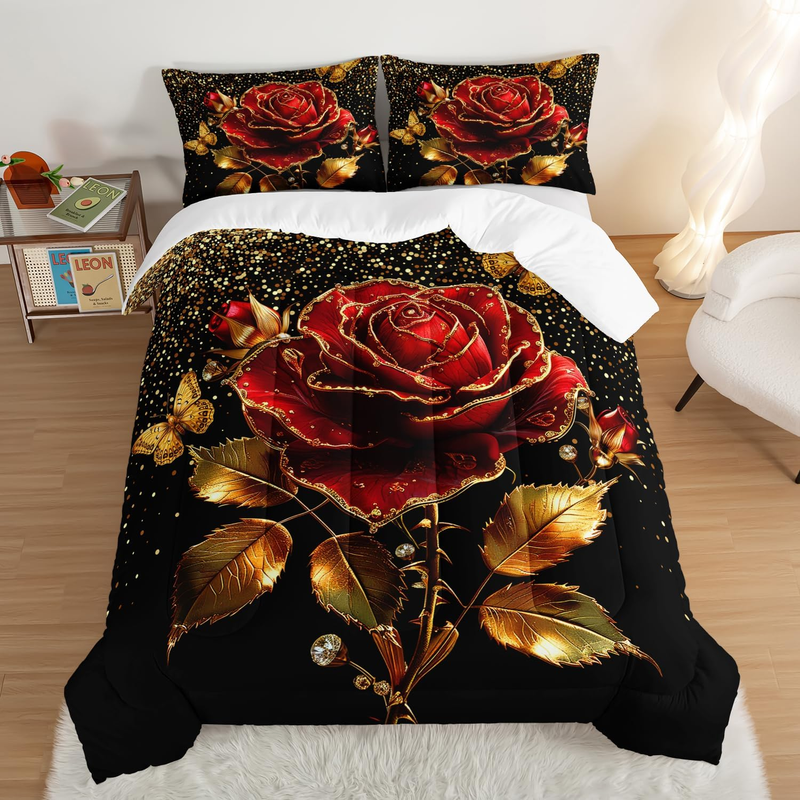 Gold Red Rose Comforter Set King Size,Golden Glitter Butterfly Pattern Bedding Set for Girls Women Couple Lover,Romantic Valentine'S Day Floral Themed Bedding Set with 2 Pillowcases.
