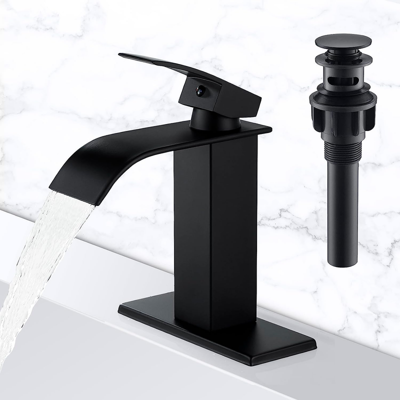 Waterfall Brass Matte Black Bathroom Faucet with Pop up Drain Single Handle 4 In