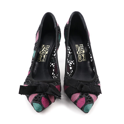 Pre-owned Ferragamo Salvatore  'erin 70' Cut-out Lace And Suede Pumps 10 B $675 In Black