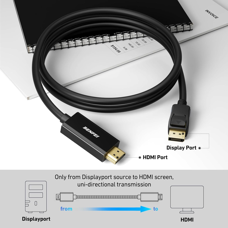 4K DisplayPort to HDMI 6 Feet Cable, Uni-Directional DP 1.2 Computer to HDMI 1.4