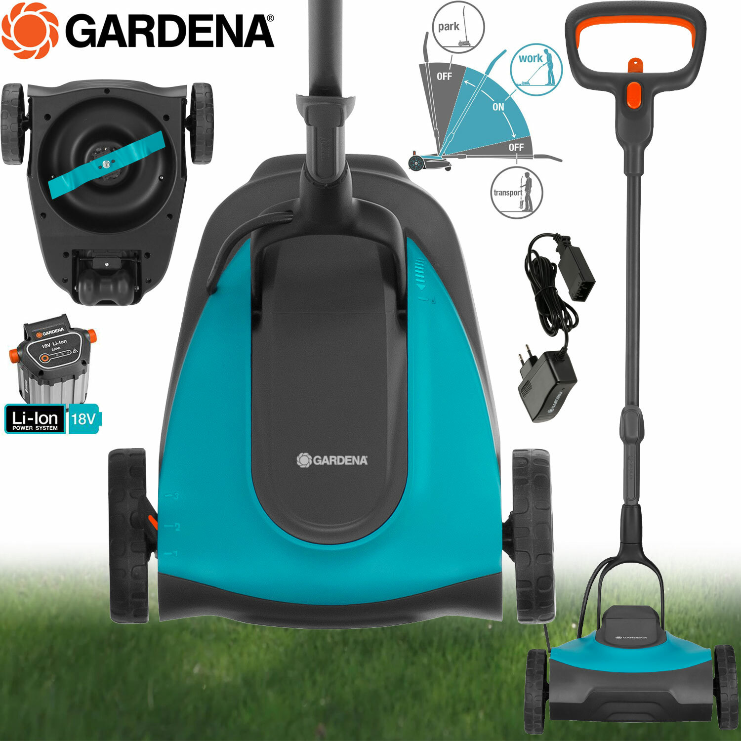 Gardena Akku Hand Rasenmäher 18 V Garten Rasen Mulch Mäher Trimmer Mulcher TOP