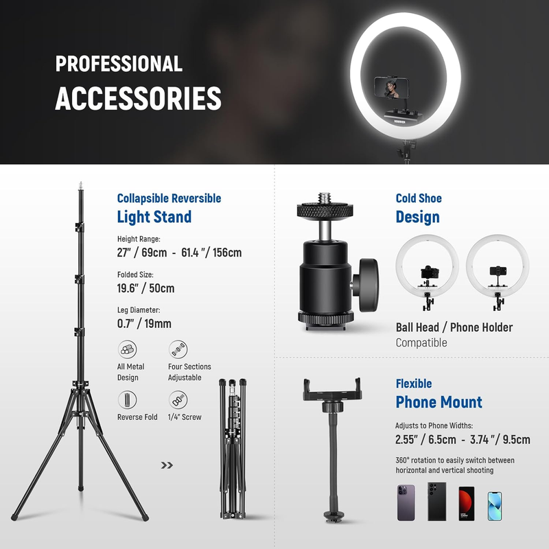Professional 18 Inch Ring Light with Tripod Stand Phone Holder Compatible with i