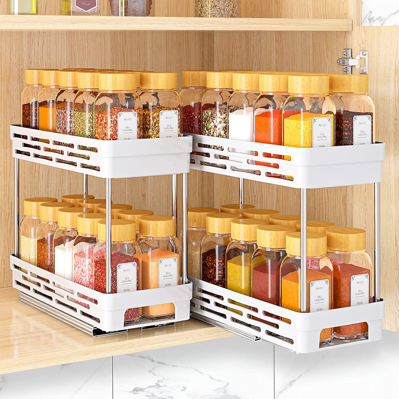 2 Tier Pull Out Spice Rack For Cabinet, Durable Slide Out Spice Racks Organizer.