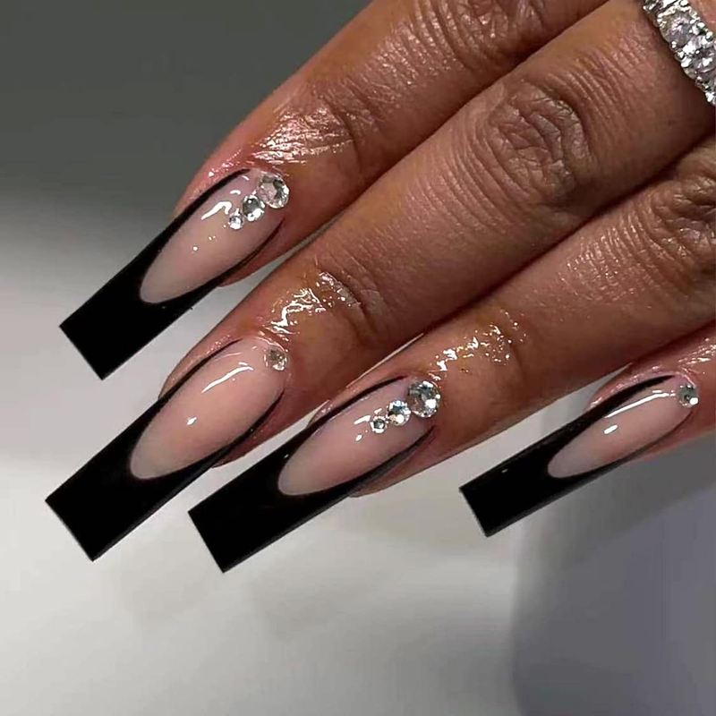 Black French Tip Press on Nails Long Fake Nails Gems Press o