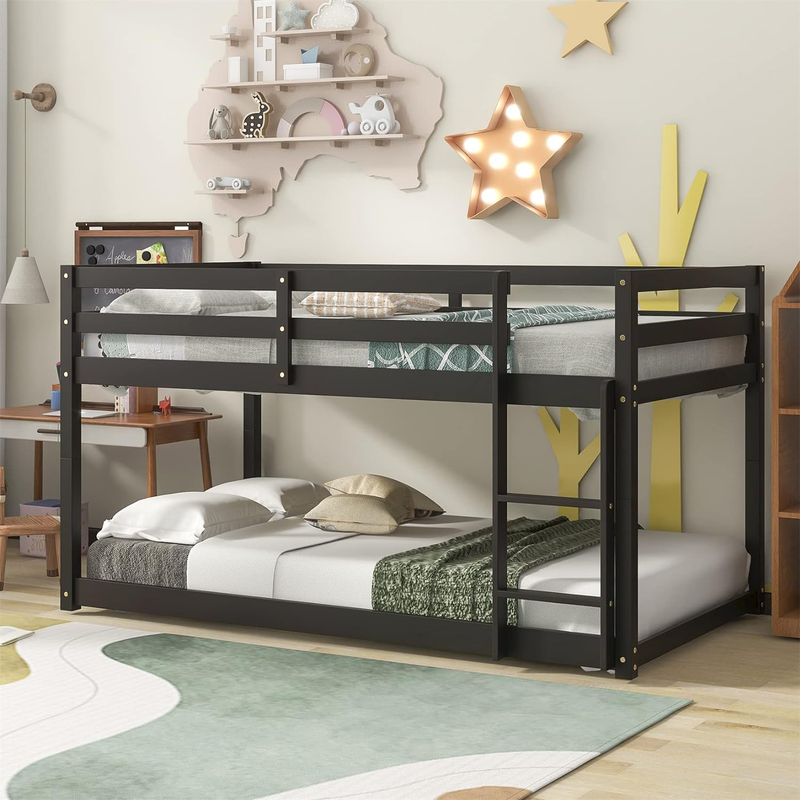 Low Bunk Beds Twin over Twin, Wood Twin Bunk Bed Frame with 