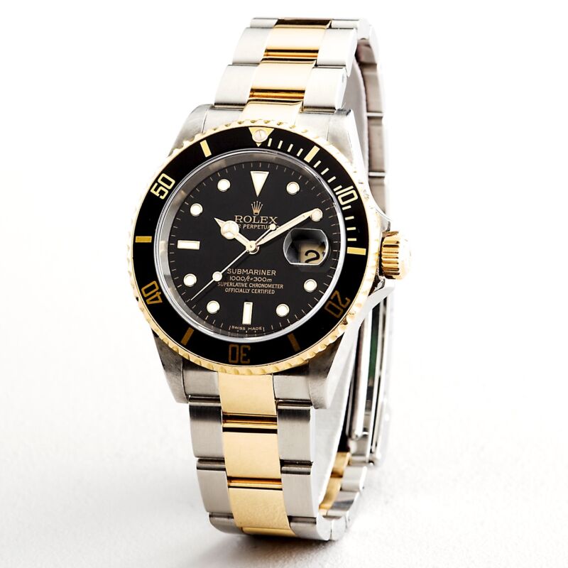 Rolex Submariner Men 18k Yellow Gold & Steel Watch Black Sub No Holes Sel 16613t