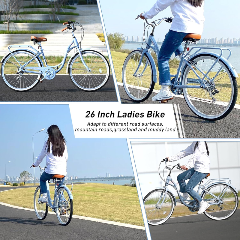 Womens Beach Cruiser Bike 26 Inch Bicycles for Women Adjustable Seat, 7 Speed Co