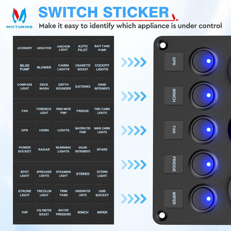 5 Gang Rocker Switch Panel with LED Light 12V-24V Toggle Switch Panel with Dual