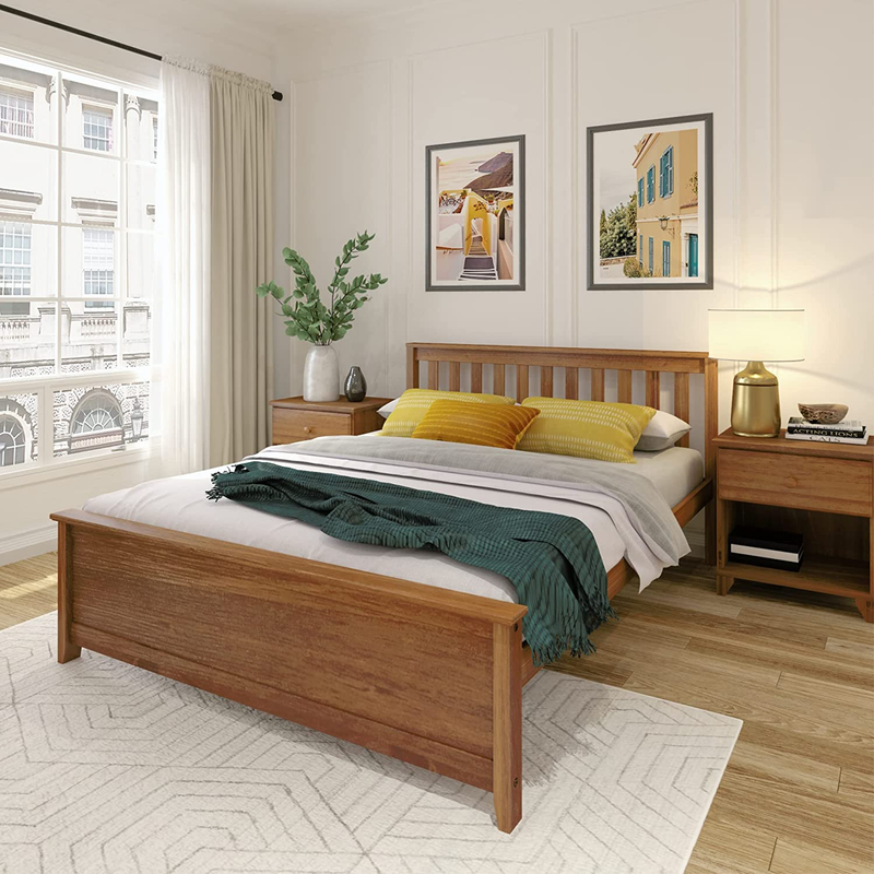 Solid Wood Queen Bed Frame, Platform Bed with Headboard, Pecan