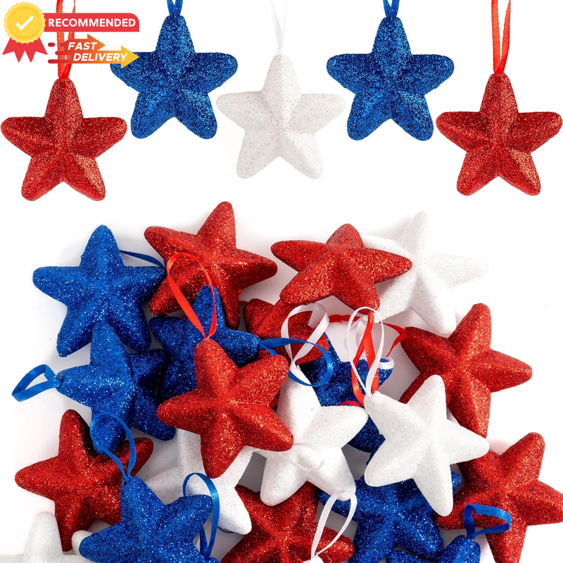 24 Pcs Patriotic Tree Ornaments 2.5" Red White Blue Stars for 4th of July Decor