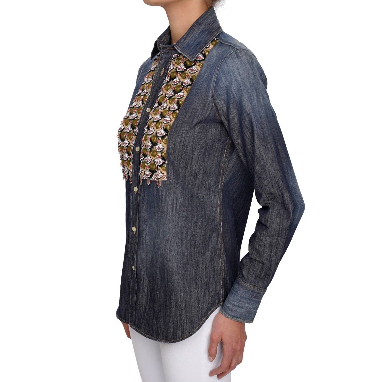 Pre-owned Dsquared2 Crystal Pearl Embroidery Denim Jeans Shirt Blouse Top Blue 07206