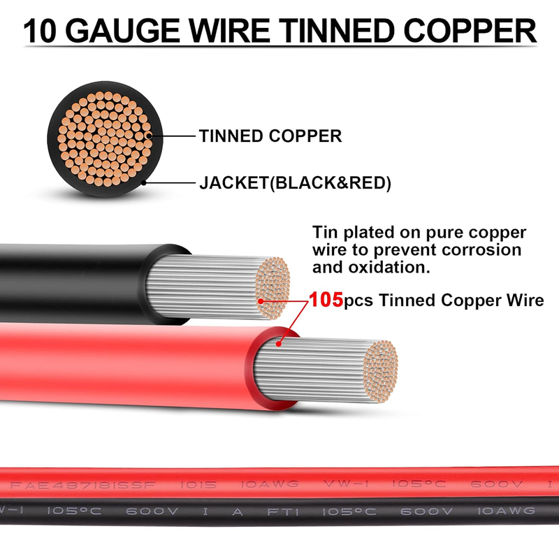 10 Gauge Wire -  30 FT Red & 30 FT Black 10 Gauge Tinned Copper Electrical Wire