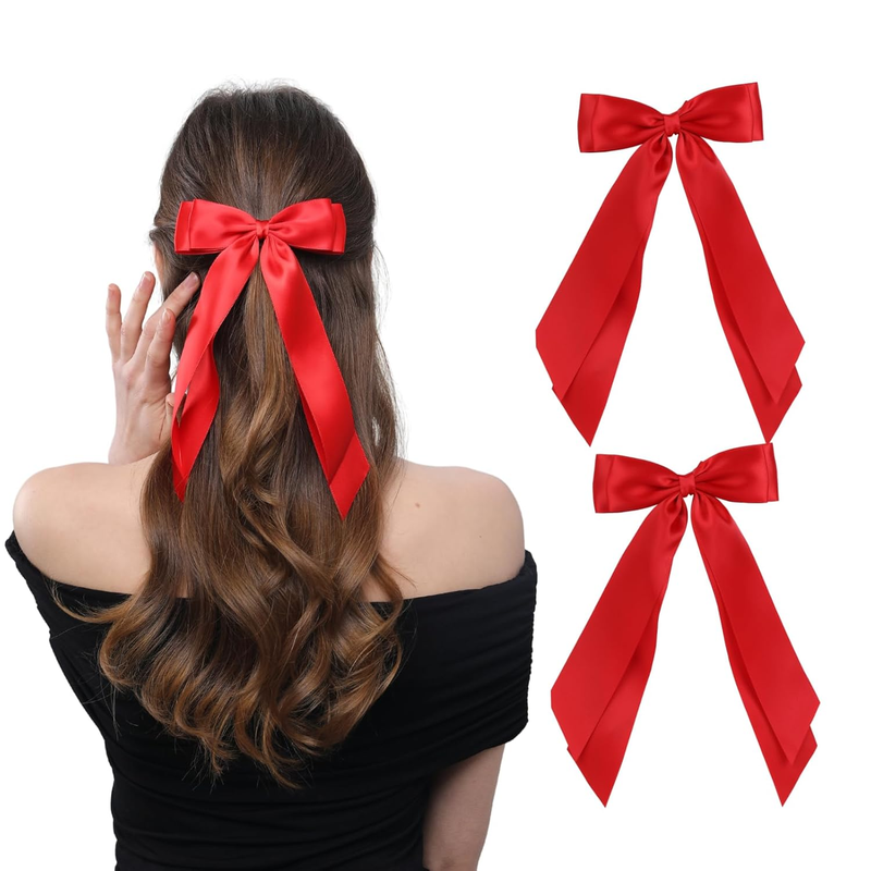 2 PCS Double Layer Hair Bows Red Hair Ribbon Clips Ponytail Holder Accessories f