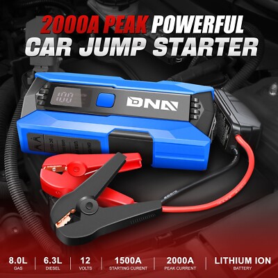 Портативное автомобильное зарядное устройство Jump Starter Booster Power Bank мощностью 2000 пиковых ампер синего цвета
