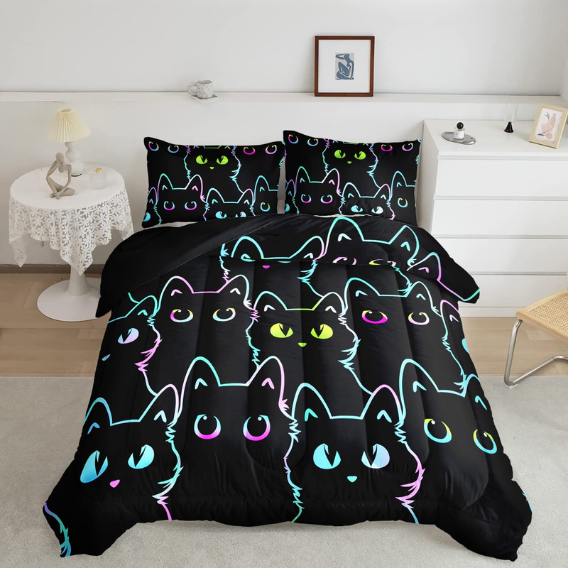 Axolotl Kids Bedding Cartoon Cat Comforter Set Queen Size,Gradient Line Cute Cat