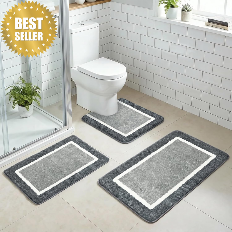 Bath Mat Set Shaggy Microfiber Bathroom Mat Set 3 Pieces, Grey | Non Slip Bath R
