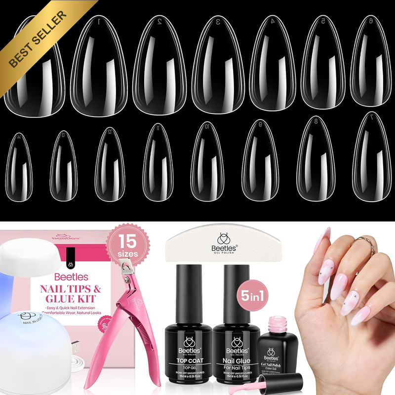 Beetles Gel Nail Kit 600Pc 15 Sizes Almond Tips 5in1 Glue UV Lamp