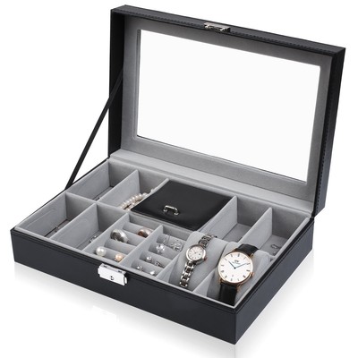 JRose Watch Box Large 8 Black PU Leather Lockable Display Glass Jewelry case
