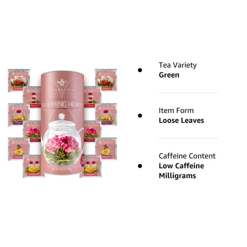 Heart-Shaped Flowering Teas &ndash; 12 Assorted Blooming Tea Flowers &ndash; Green Tea + Jas