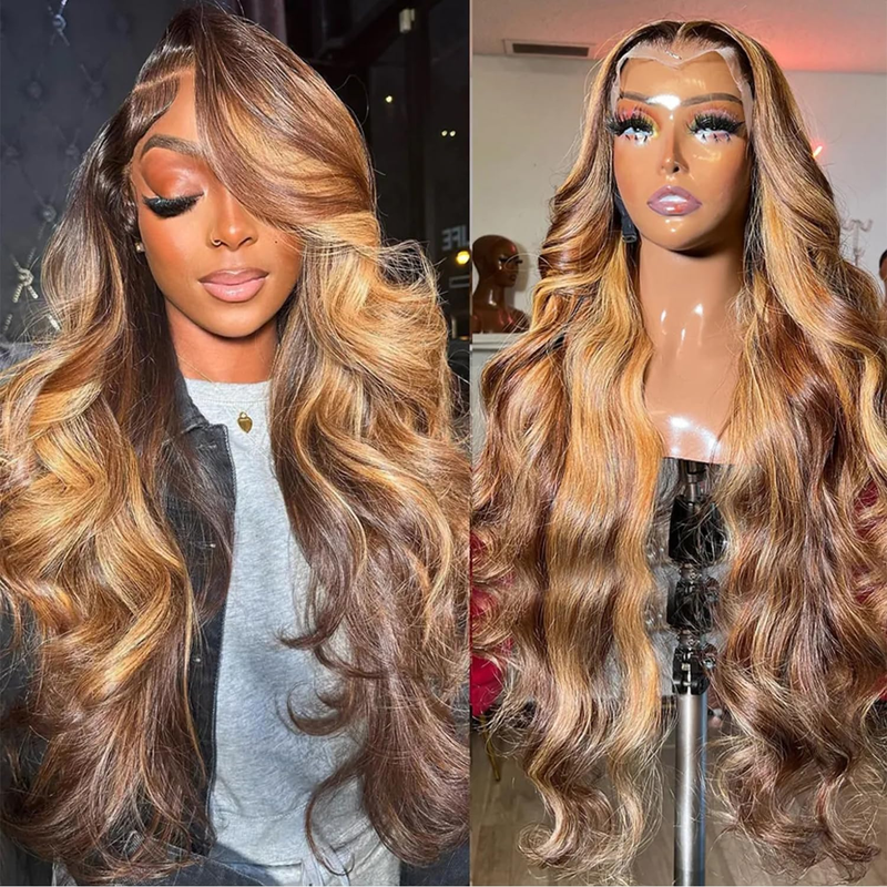Hair Highlight Ombre Honey Blonde Lace Front Wig Human Hair 4/27 Body Wave Wigs