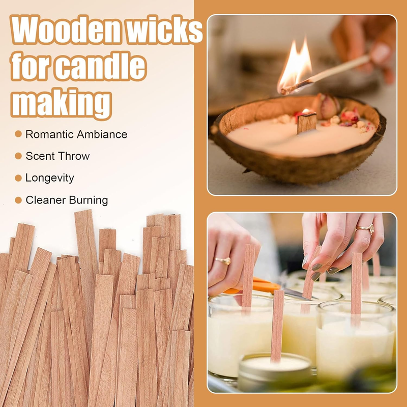 Candle Wicks, 100 Pcs Wood Wicks Candle with Stand and Glue Dot, 15 x 150mm Wood