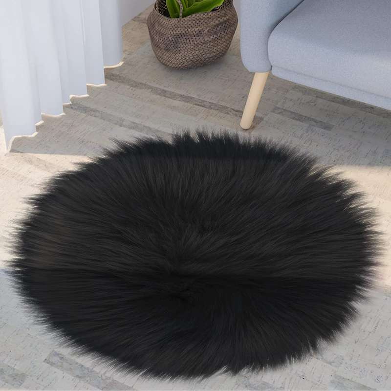 Sibba Faux Fur Fuzzy Area Rug Chair Pad Protectors 30 cm Black Small Round Cover