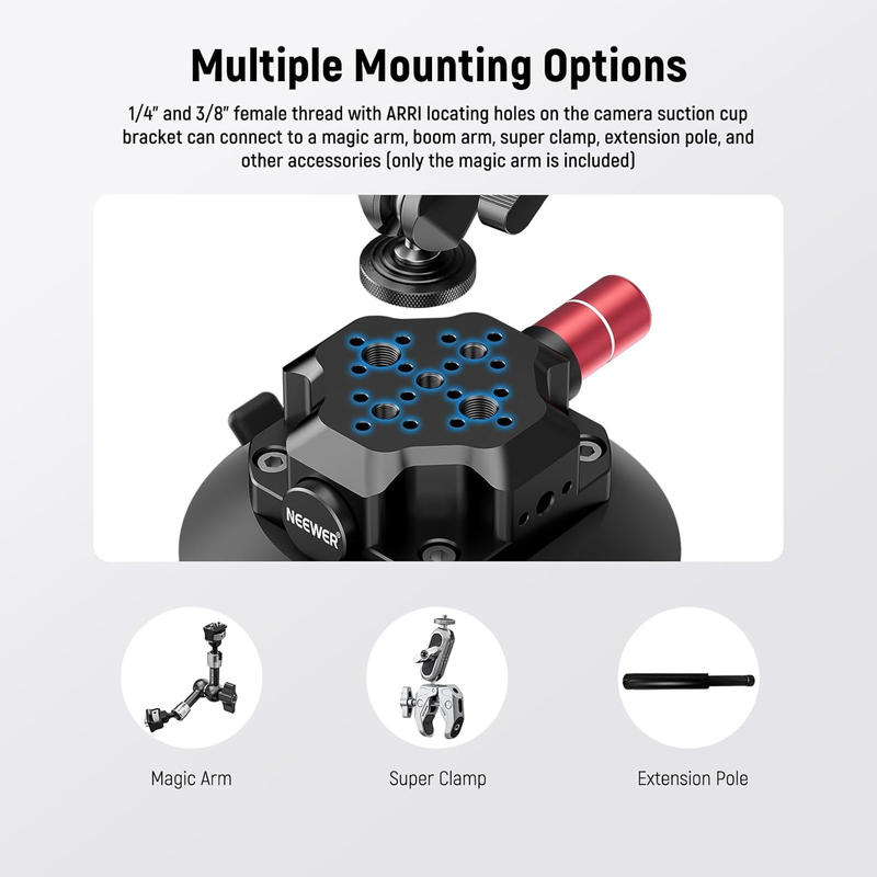 4.5" Suction Cup Camera Mount with Ball Head Magic Arm, 1/4" 3/8" ARRI Holes, Qu