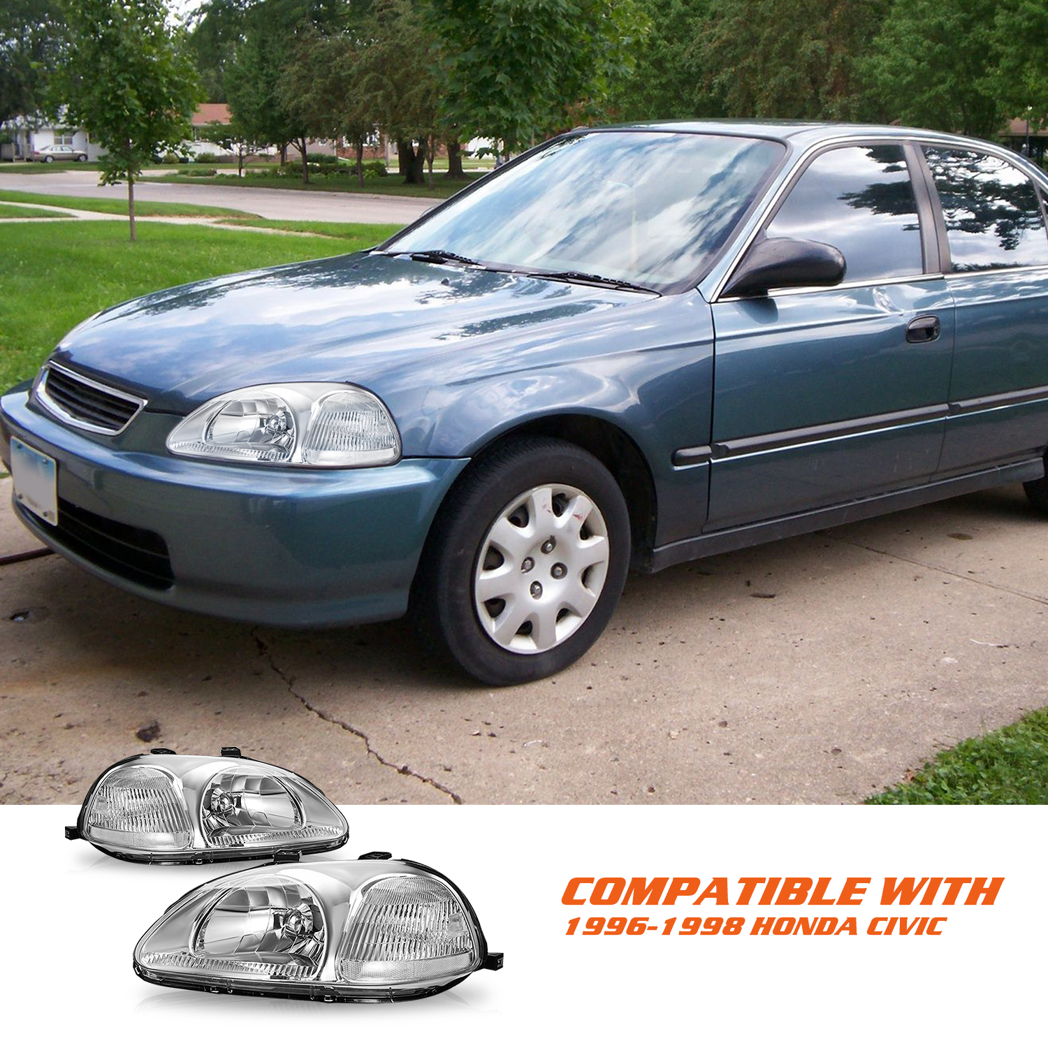 For 1996 1997 1998 Honda Civic EK EJ Chrome Clear Headlights Assembly Pair 96-98