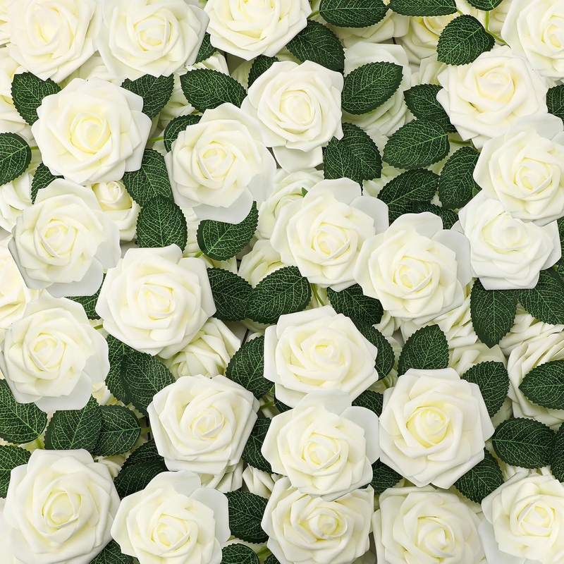200 Pcs Artificial Rose Flowers Foam Fake Rose Bulk Faux Flower with 100 Pcs Stem for DIY Wedding Bouquet Centerpieces Floral Arrangement Bridal Shower Party(White)
