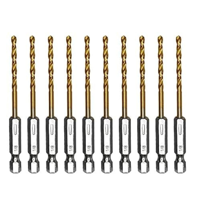 1/8 Hex Shank Drill Bits, 10Pcs Titanium HSS Twist Impact Drill Bit Set for Meta