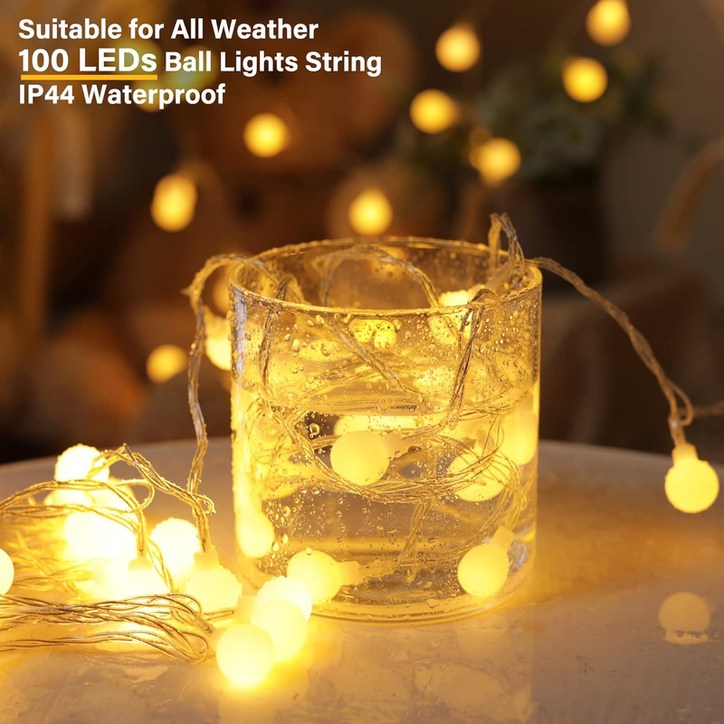 33 FT 100 LED Globe Ball String Lights, Fairy String Lights Plug in, 8 Modes wit