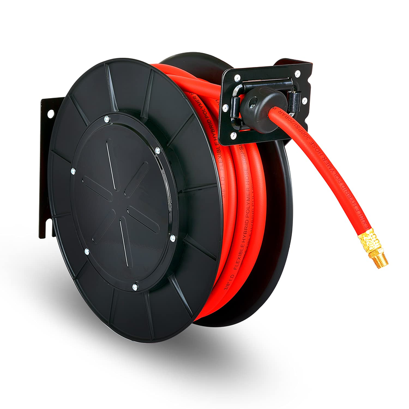 Reelworks Air Hose Reel Retractable 3/8″ Inch X 50' Foot Hybrid Polymer Red Hose